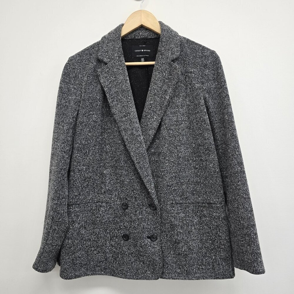 Lucky Brand Woven Knit Double Breasted Blazer Jacket Size M Stretch Gray Black